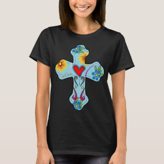 Camiseta Blue Cross Mexicano Folk Art Heart Flowers Day of
