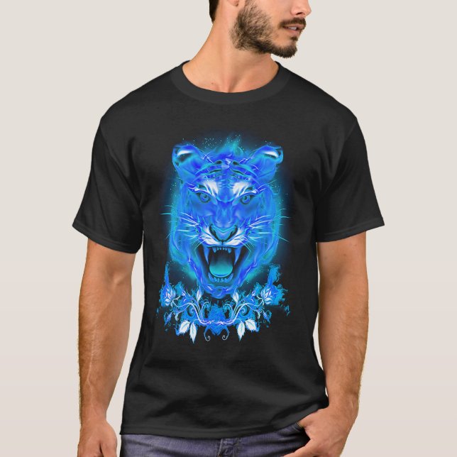 Camiseta Blue Fire Flaming Tiger Cat (Frente)