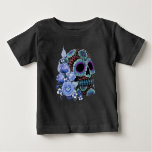 Camiseta Blue Floral Black Sugar Skull Day Of The Dead