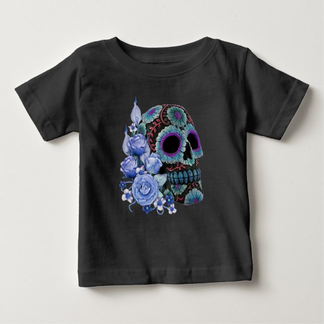 Camiseta Blue Floral Black Sugar Skull Day Of The Dead (Frente)