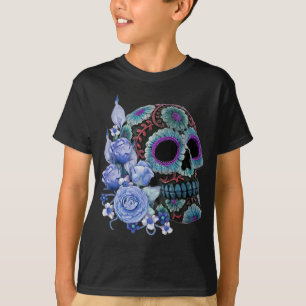 Camiseta Blue Floral Black Sugar Skull Day Of The Dead
