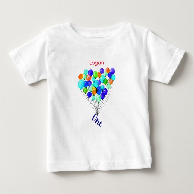 Camiseta Blue Green Boy BALLOON Personalizado Um Aniversári (Frente)