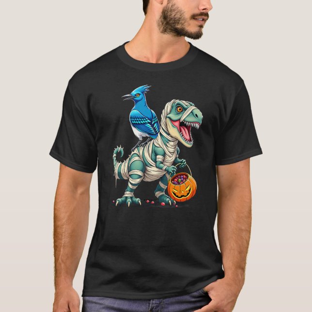 Camiseta Blue Jay Riding Mummy T-Rex Dinosaur Halloween (Frente)