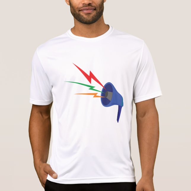 Camiseta Blue Megaphone with Colorful Lightning Bolts (Frente)