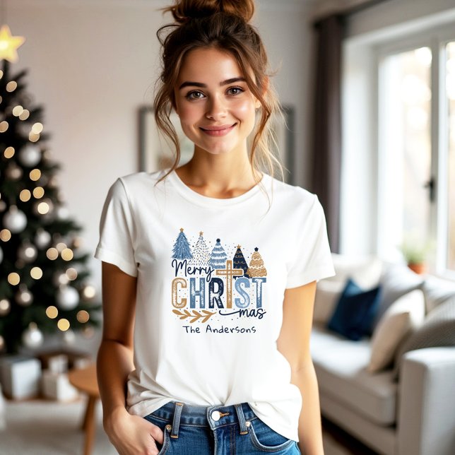 Camiseta Blue Modern Trees Christian Jesus Nome do Natal (Blue Modern Trees Christian Jesus Christmas Name T-Shirt)