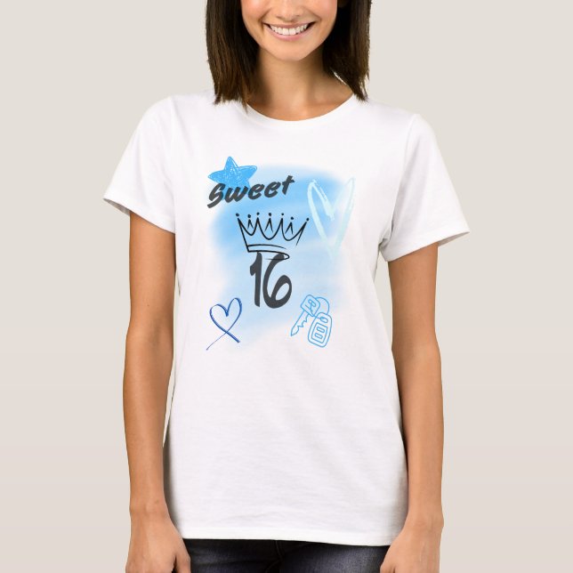 Camiseta Blue Sweet 16 Airbrush Coroado com uma Coroa (Frente)
