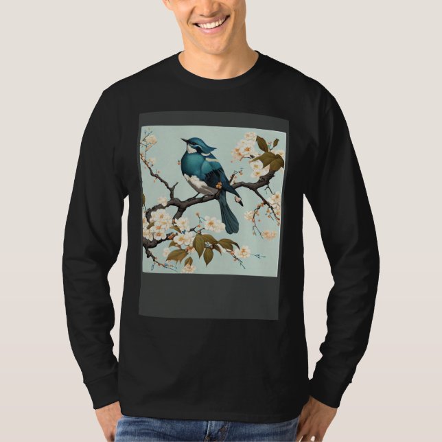 Camiseta Blue waxbill Bird in Japanese white Cherry Blossom (Frente)