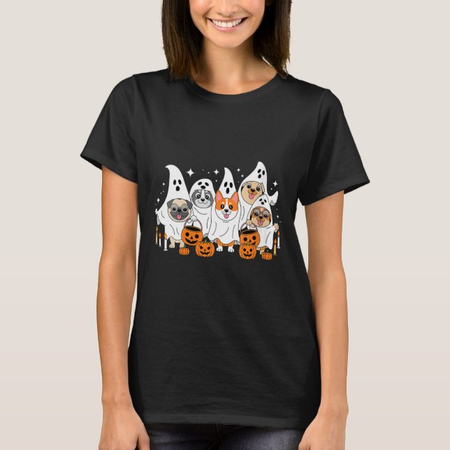 Camiseta Blusa decote em V Halloween Fantasma Cachorro Femi (Frente)