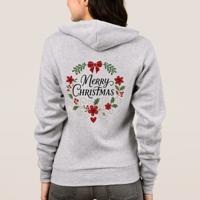 Camiseta Blusão com Zíper de Grinalda Floral Feliz Natal (Verso)