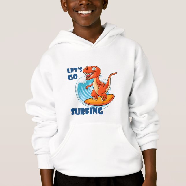 Camiseta Blusão de Dinossauro Surfando Branco para Jovens T (Frente)