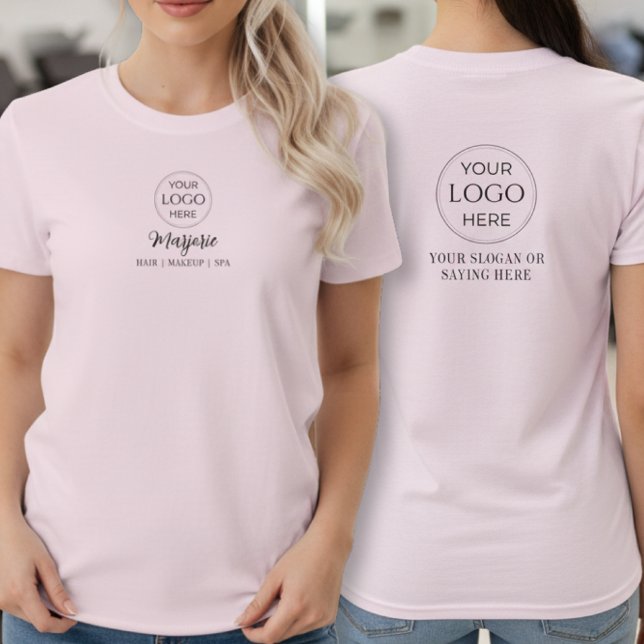 Camiseta Blush Pink Script Logo Makeup Staff (custom logo makeup staff t-shirt for employee apparel at stylist salon with motto saying name)