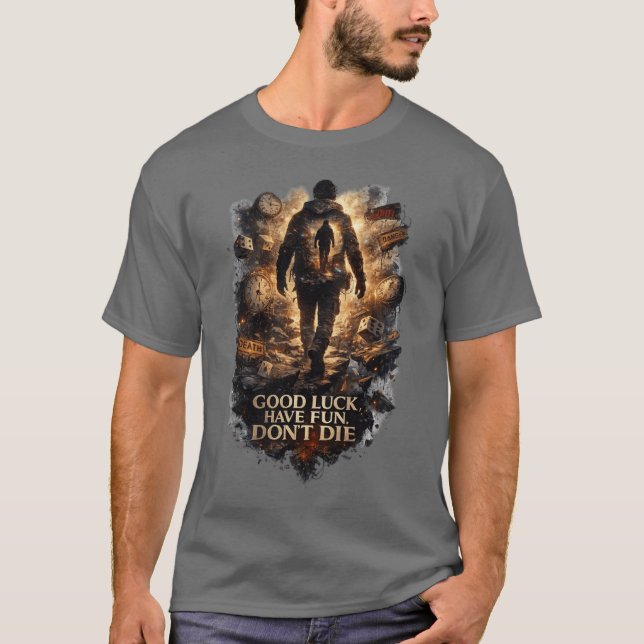 Camiseta BOA SORTE DIVERTA-SE NÃO MORRA - arte (Frente)