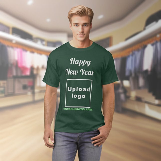 Camiseta Boas-vindas ao Ano Novo em Florestas Profundas (Business name and logo with New Year greeting on deep forest green t-shirt)