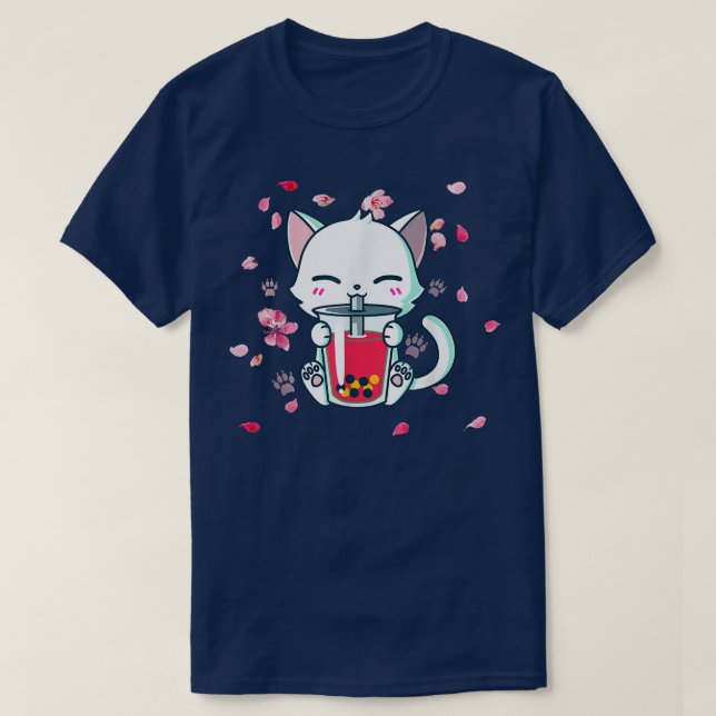 Camiseta Boba Boba Cat Bebendo Boba Cute Anime Girl Kawai (Frente do Design)