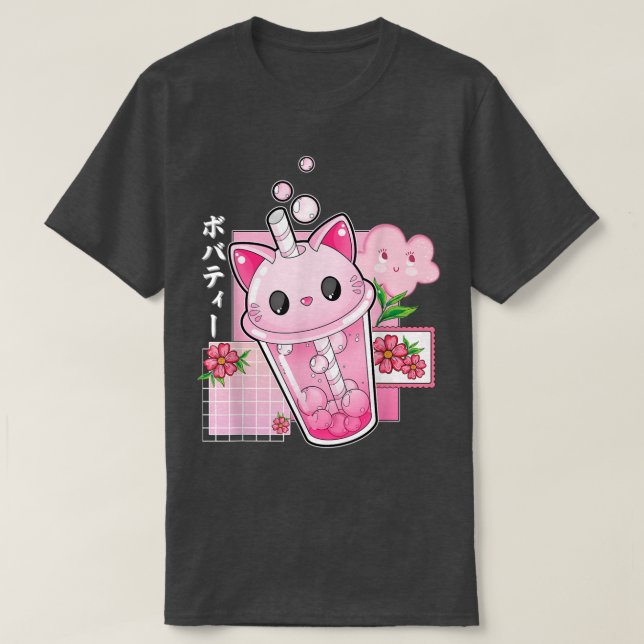 Camiseta Boba Tea Cat Bubble Tea Kawaii Anime Japonesa (Frente do Design)