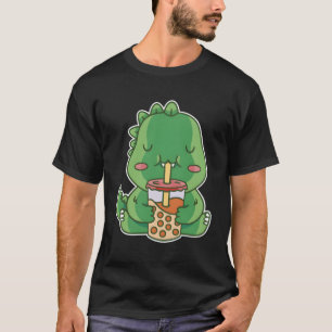 Camiseta Boba Tea Kawaii Baby Dinosaur Bebendo Bubble Tea