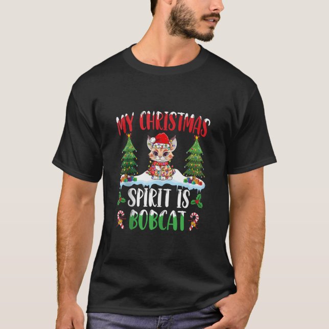 Camiseta Bobcat Vestindo Papai Noel Xmas Espírito de Natal  (Frente)