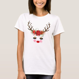 Camiseta Bochechas Rosadas Olhos Dourados Rena Floral Féria