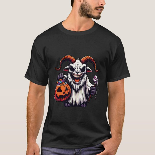 Camiseta Bode Assustador de Halloween Fantasma Saco de Doce (Frente)