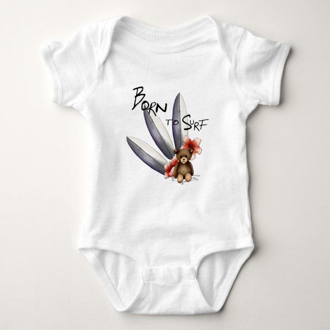 Camiseta Body bebé branco “Born to surf”, nounours e flores (Frente)
