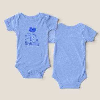 Camiseta Body de Bebê 'É Meu 1º Aniversário' Blue Stars