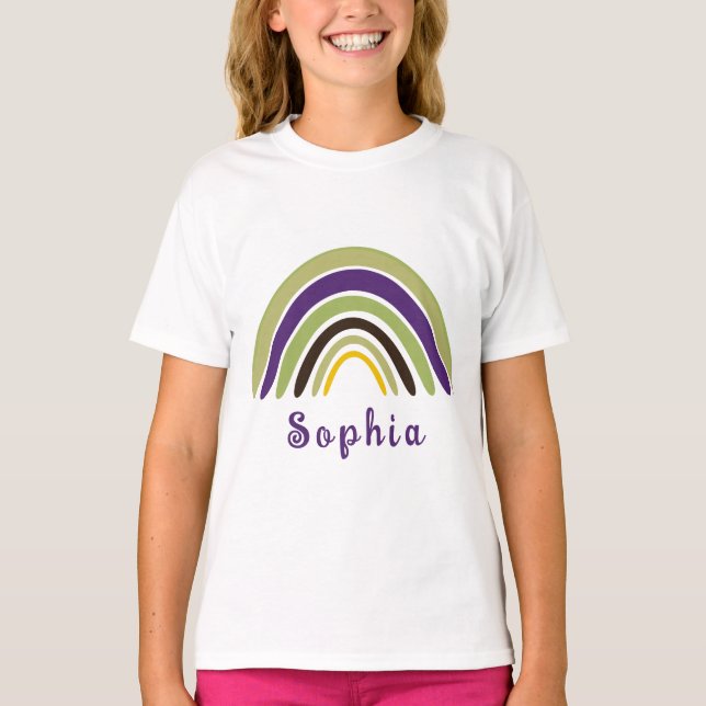 Camiseta Boho Arco-íris com Nome Personalizado em Verde (Frente)