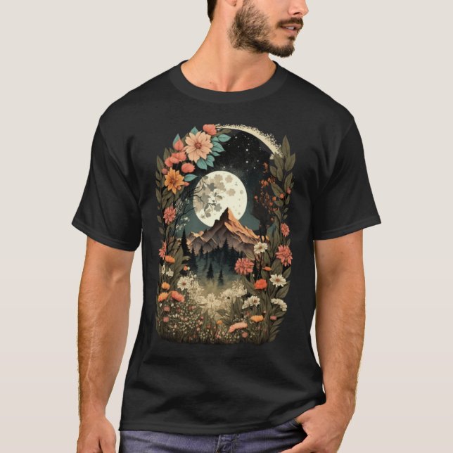 Camiseta Boho Chic Floral Moon Mountain Forest Nature Retro (Frente)