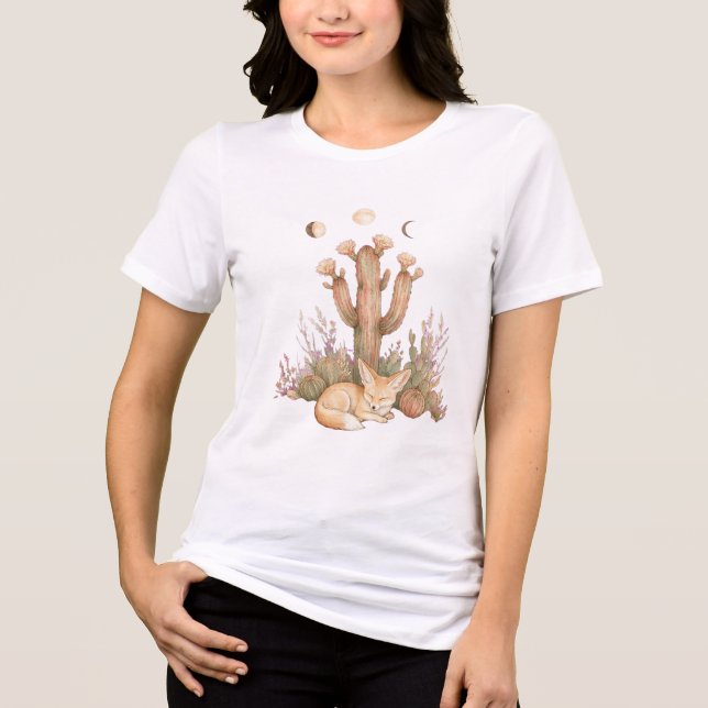Camiseta Boho Deserto Raposa Fennec Dormindo Sob Cacto Sagu (Frente)