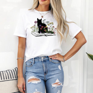 Camiseta Boho Floral Cat Sentado no Livro