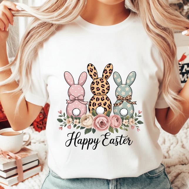 Camiseta Boho Floral Happy Easter Bunnies Leopard Polka Dot (Criador carregado)