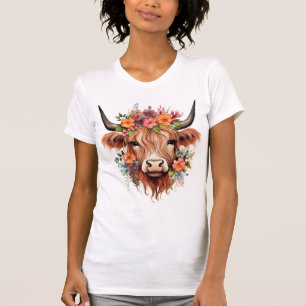Camiseta Boho Floral Scottish Highland Cow Western Flowers