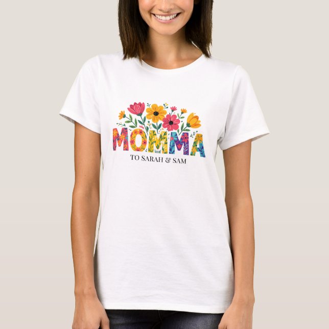 Camiseta Boho Mama Texto com Flores e Nomes de Crianças (Frente)