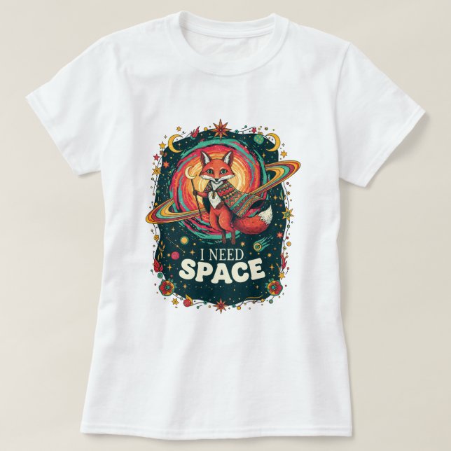 Camiseta Boho Multicolor Raposa Cósmica I Need Space Retro (Frente do Design)