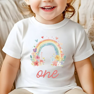 Camiseta Boho Rainbow Floral Pastel "One" Primeiro Aniversá