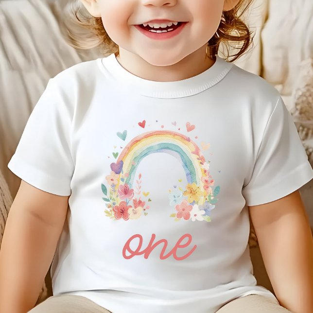 Camiseta Boho Rainbow Floral Pastel "One" Primeiro Aniversá (boho one shirt, pastel first birthday, floral rainbow outfit, baby girl birthday, cake smash outfit)