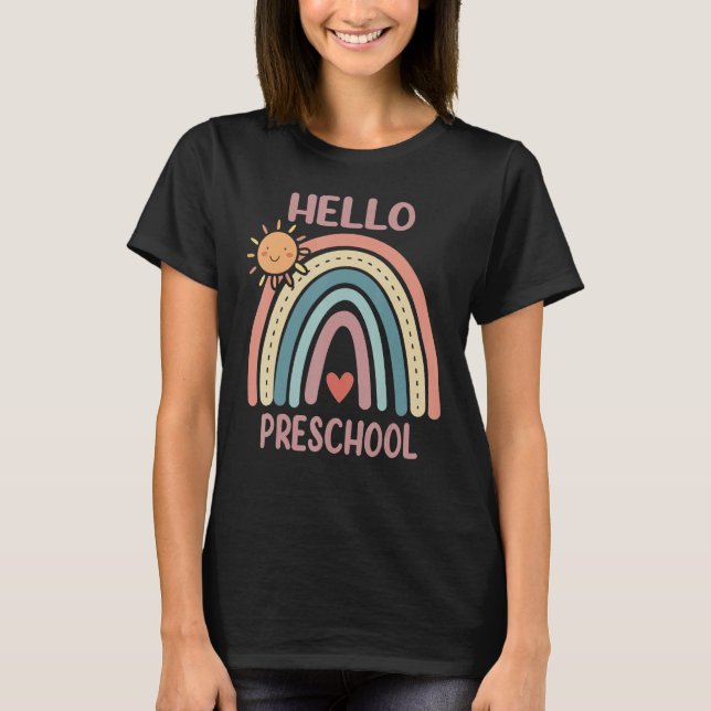 Camiseta Boho Rainbow Heart For Teachers Women Hello Presch (Frente)
