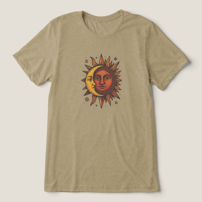 Camiseta Boho Retro Sun e Moon Unisex (Design frontal)