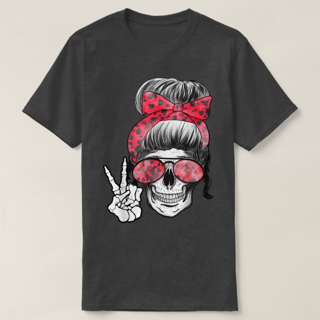 Camiseta Boho Skeleton Messy Bun Bandana Halloween Roupa (Frente do Design)