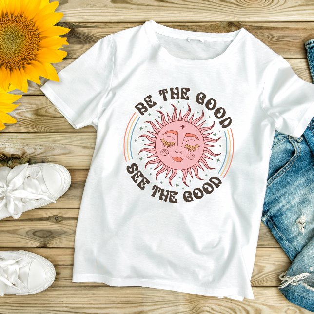 Camiseta Boho Sun Seja O Bom Ver O Bom Inspirador (Boho Trendy Be the Good, See The Good, Sun Face Inspirational Motivational Women's T-shirt)