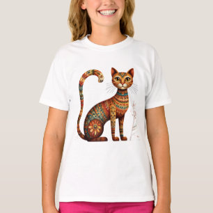 Camiseta Boho Tribal Gato Arte Popular Fofa com Flores