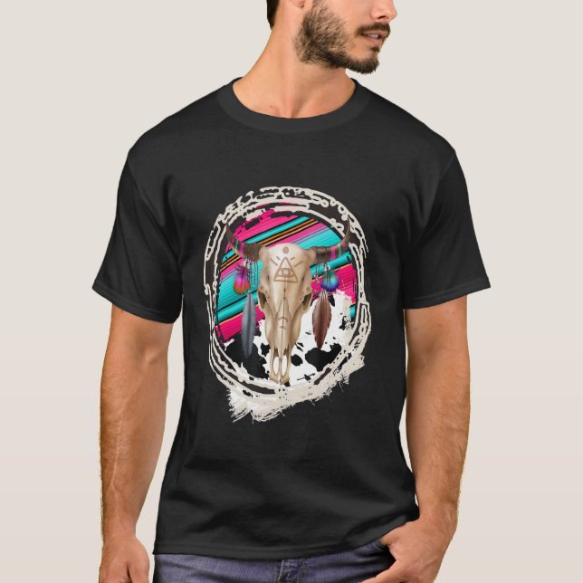 Camiseta BOHO VACA Estampa de Vaca Leopardo Serape Impressã (Frente)