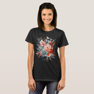 Camiseta Boho Watercolor Floral Buquê em Coral e Posto  
