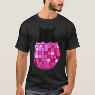 Camiseta Bola de Disco Estética Gato Preto Rosa Quente Gato