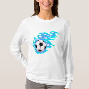 Camiseta Bola de Futebol Flamejante Azul Elétrico Esportivo