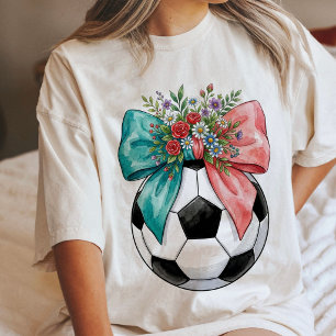 Camiseta Bola de Futebol Rosa Arcos Azuis Arte Floral Aquar