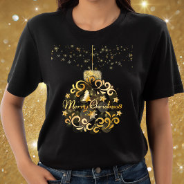 Camiseta Bola de Ornamento Feliz de Natal Preta e Dourada