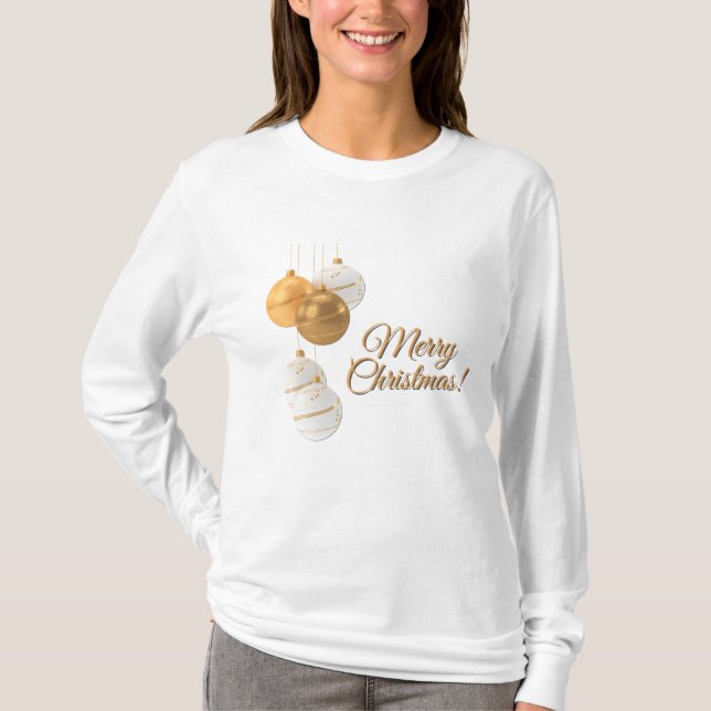 Camiseta Bolas de Natal Douradas e Brancas com Texto Person (Frente)