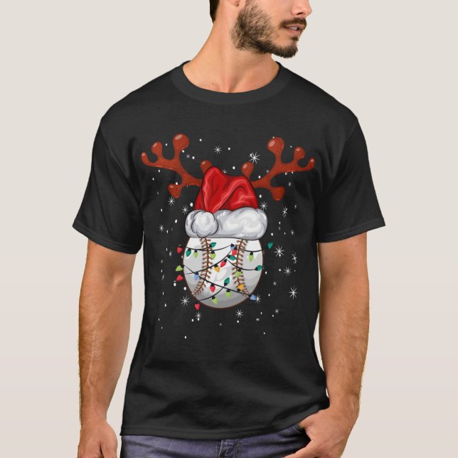 Camiseta Bolas de Softball Natal Engraçada, Santa Hat Reind (Frente)