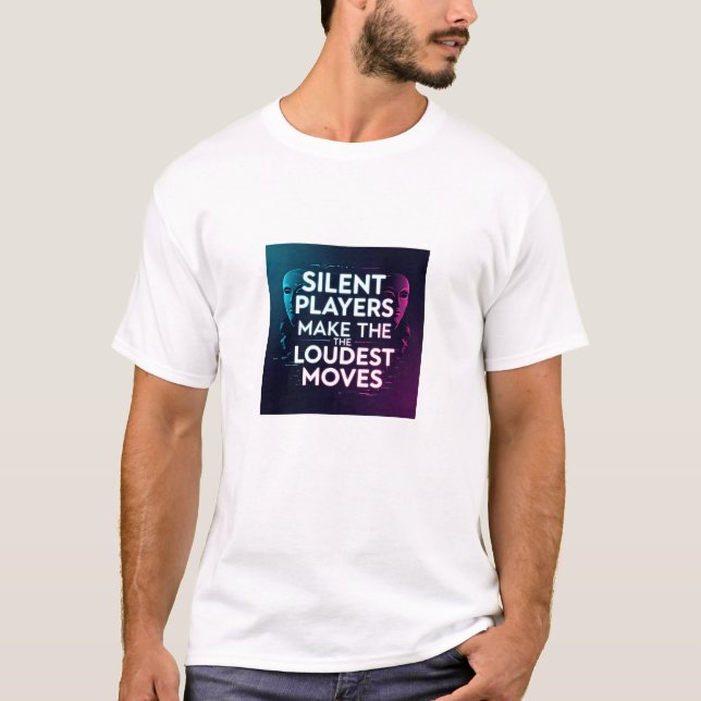 Camiseta Bold Digital Artwork with Silhouetted Masks and Mo (Frente)