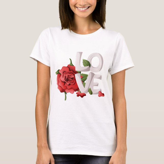 Camiseta Bold Love Typography with Romantic Red Rose Leaves (Frente)